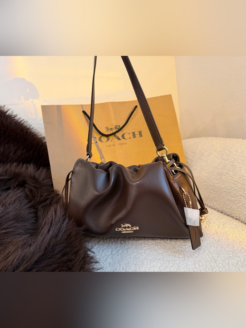 Coach Brown Leather Shoulder Pouch with Gold Hardware